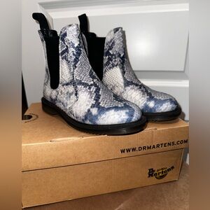 Dr. Martens Flora Blue and Gray Snake Pattern Boots
